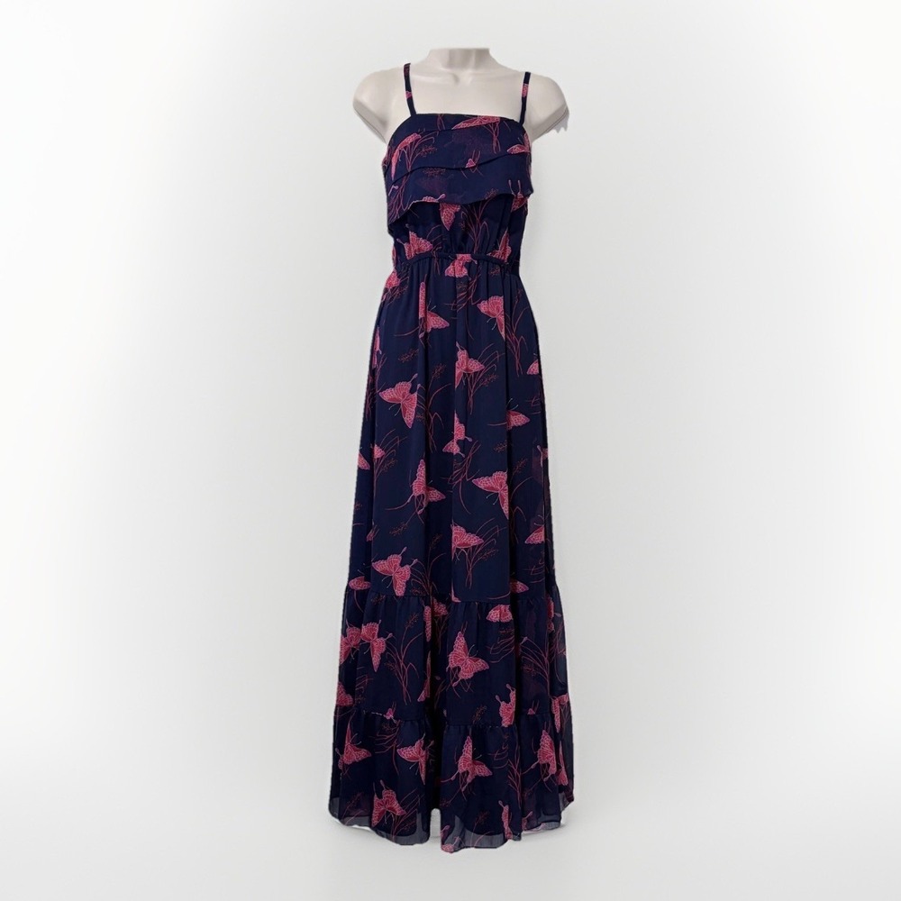 Express Y2K Maxi Dress Navy Red Butterfly Print Tiered Strappy‎ VTG Tag Missing